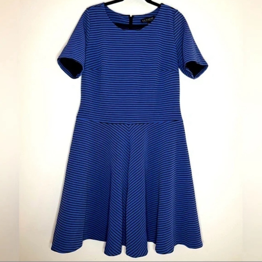 Eloquii Blue and Black Striped Fit-and-Flare Dress